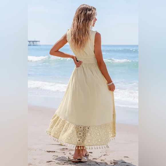 NWT Beige Beach Coverup Dress with Tassels and Crochet Details - Picture 3 of 6